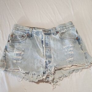 90's Vintage Levi's Light Blue Distressed Jean Shorts